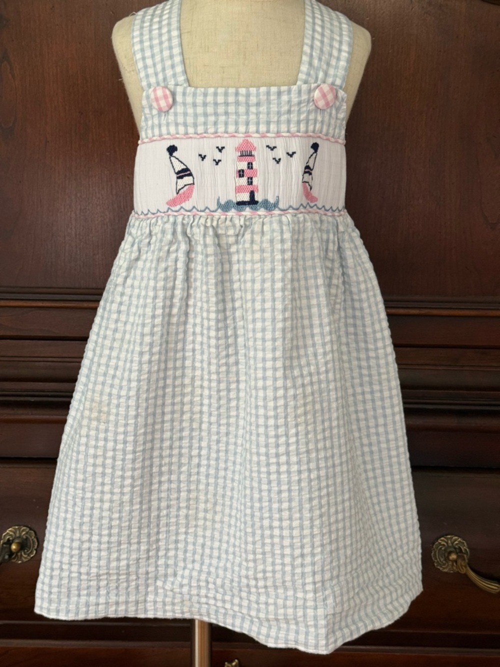 Stellybelly Girls Smocked Lighthouse Dress 5 Blue Seersucker Nautical Sundress